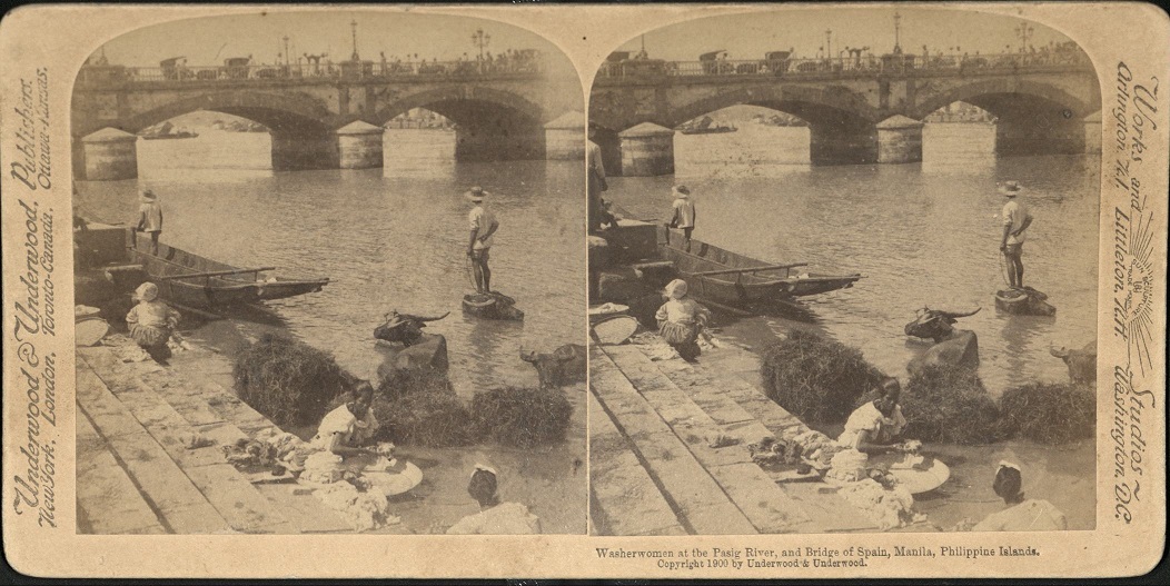 Washerwomen at the Pasig River, and Bridge of Spain, Manila, Philippine Islands.